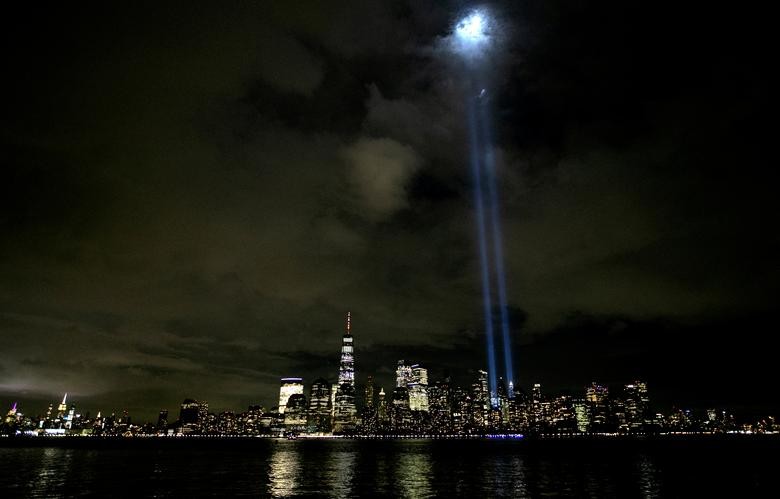 The Tribute In Light shines above the skyline of lower Manhattan on the eve of the 19th anniversary of the September 11, 2001 attacks on the World Trade Center in New York City, as seen from Jersey City. REUTERS/Mike Segar  